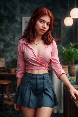 A solo 17 yo girl with po red hair and small breasts looks directly at the viewer from a cowboy shot indoors. She's wearing a black miniskirt and thighhighs, her collarbone and navel visible. A necklace and earrings adorn her neck. Her parted lips are emphasized as she holds a bag, with a blurry background to focus attention on her. The overall style is realistic, with a focus on shopping,  showcasing her bare shoulders and navel. She's wearing denim shorts and an off-the-shoulder pink shirt, with a small mole visible above her lips. The overall style is realistic, with a focus on casual fashion featuring short shorts, 