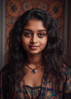 Capture a masterpiece of photography featuring a stunning girl with long, curly black hair (1.1) and intricate details in her school uniform, complete with a miniskirt and random colors. The scene is set in front of a striking fractal pattern (abstract) that creates a sense of depth and dimensionality. Professional HDR lighting (8k UHD RAW photo) casts a cinematic glow, accentuating the subject's features while also capturing the subtle play of iridescent lighting on her skin. Jewelry (1.4) adorns her neck, drawing attention to her radiant smile as she faces the viewer directly. The image is rendered in breathtaking detail, with every curl of hair and fold of fabric meticulously captured. Apply a realistic LUT for a true-to-life representation.,SH,Yakshi28 