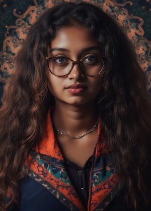 Capture a masterpiece of photography featuring a stunning girl with long, curly black hair (1.1) and intricate details in her school uniform, complete with a miniskirt and random colors. The scene is set in front of a striking fractal pattern (abstract) that creates a sense of depth and dimensionality. Professional HDR lighting (8k UHD RAW photo) casts a cinematic glow, accentuating the subject's features while also capturing the subtle play of iridescent lighting on her skin. Jewelry (1.4) adorns her neck, drawing attention to her radiant smile as she faces the viewer directly. The image is rendered in breathtaking detail, with every curl of hair and fold of fabric meticulously captured. Apply a realistic LUT for a true-to-life representation.,SH,Yakshi28 