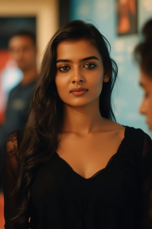  A young woman stands confidently against a movie poster backdrop, her gaze directed straight at the camera, exuding an air of confidence and allure, She wears a black top with a lace pattern, her features softly highlighted by even lighting, Off-center placement draws the viewer's eye towards her, while a subtle hint of a man in the background adds depth to the scene, The movie poster suggests a possible movie theater setting, 