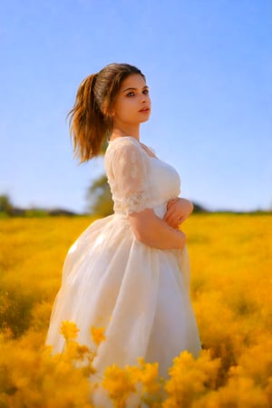 super fine illustration,masterpiece, best quality,{beautiful detailed eyes},1girl, 27 year old, finely detail,Depth of field, 4k wallpaper,bluesky,cumulus,wind,insanely detailed frills,extremely detailed lace,BLUE SKY,very long hair,Slightly open mouth,high ponytail,silver hair,small Breasts,cumulonimbus capillatus,slender waist,There are many scattered luminous petals,Hidden in the light yellow flowers,Depth of field,She bowed her head in frustration,Many flying drops of water,Upper body exposed,Many scattered leaves,branch ,angle ,contour deepening,cinematic angle ,{{{Classic decorative border}}},27 year old girl,Mallu 