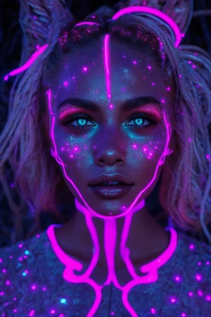 Portrait of a mystical fantasy bioluminescent neon woman. Glamorous fashionable lady. Glowing 
skin spot,  Glowing color,Glowing skin spot,Brown skin 