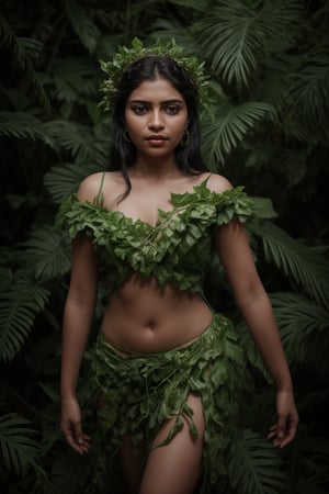 A serene young woman, adorned from head to toe in lush green plantain leaves, stands amidst a lush tropical forest. The verdant foliage wraps around her slender figure, creating a flowing gown that rustles softly in the gentle breeze. Her private areas are delicately covered by a carefully arranged leafy drape, leaving little to the imagination. Delicate vines and tendrils weave together to form an intricate headdress, with a sprig of plantain leaves tucked behind her ear. The natural beauty of the surroundings is mirrored on her radiant face, as she gazes out at the vibrant greenery, her features a perfect harmony of earthy tones.