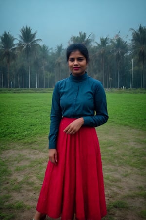 In dark night, In this stunning 8K photo, long skirt, gown, long designer blouse, a serene foggy garden sets the stage for a mesmerizing portrait of a 20-year-old Indian women. Beautiful face, attractive Big eye, Her flawless complexion glows softly under the misty atmosphere's subtle lighting, highlighting her striking features: large eyes and proper breasts. The lush green grass and vibrant red roses surrounding her create a picturesque backdrop, accentuating her natural beauty. Red, ultra realistic photography, She poses elegantly in a gorgeous long-pavada skirt in soft,