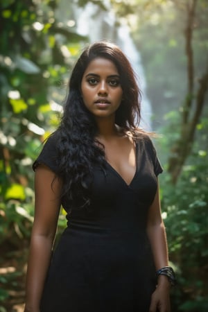 A cinematic shot of a beautiful woman standing near the Athirappilly waterfalls, wearing a modern, elegant bodycon dress. The scene captures perfect detail in her face, especially her expressive eyes and full lips, with precise, realistic shading on her skin. Sunlight filters through the trees, casting rays around her, while leaves drift gently from above. Emphasize the curves and shape of her body, with a focus on realistic lighting and high detail in her costume texture. Photorealistic, dynamic composition, dramatic sunlight.,long_black_hair  medium_brown_skin  almond_eyes,Bangali girl