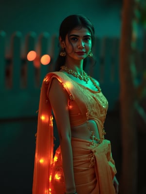 Futuristic, a mallu woman, in saree, navel. Full body, midriff exposed navel show, Cinematic colour grading, teal and orange lighting, Cyberpunk city realistic photography, 
fantasy beauty, biochemiluminescence, art nouveau, bright colors,  detailed textures, high quality, high resolution, high precision, realism , color correction, proper lighting settings, harmonious composition, Behance works,Details,Details,Texture,Details,weird_futuristic_fashion,Cosplay,Traditional,AnadeArmasFlux,Futuristic 