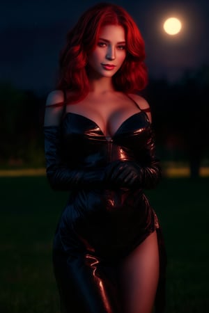 Generate hyper realistic image of a woman with luscious red locks stands outdoors at night, the moonlight casting a soft glow on her flawless complexion. Her short hair is tousled by the gentle breeze, and she wears tight black gloves that hug her slender arms. With confidence in her stance and a subtle smirk playing on her lips, she exudes an aura of mystery and allure, captivating the viewer's attention under the starry night sky.