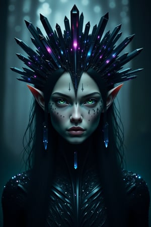 A dark and ethereal portrait of an elf in which her pale skin contrasts with the gloom that surrounds her. Her almond-shaped eyes, a deep and mysterious green, shine with an aura of ancient magic and hidden power. Her face is framed by strands of dark, almost black hair that fall in soft waves,
highlighting its delicate but imposing beauty. He wears a crown of dark, sharp crystals that seem to grow directly from his skull, radiating a cold, spectral glow. The crystals glow with a dark light, reflecting flashes of deep blue, purple, and black, as if imbued with forbidden magic.
Shadows cling to his figure, enhancing the atmosphere of mystery, while ancient marks and runes appear subtly on his skin, emitting a hidden energy. The background is composed of hazy shadows and diffuse shapes, as if the world is fading around them, focusing only on their imposing and disturbing presence.
The atmosphere is haunting and mystical, with a sense of latent danger emanating from its powerful presence,crystalz