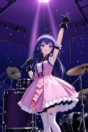 Realistic, human, Captured from a high-angle perspective, a girl with long dark blue hair, wearing a pink and yellow dress, adorned with a black belt. The arms are raised in the air, adding a touch of balance to the scene. The background is a vibrant purple hue, with white dots dotting the ceiling. To the right of the girl,a drum set is visible. 1girl, solo, long hair, looking at viewer, smile, bangs, hair ornament, thighhighs, gloves, dress, blue hair, purple eyes, heart, frills, tongue, hairclip, tongue out, pink dress, idol, pink thighhighs, pink gloves, maizono sayaka