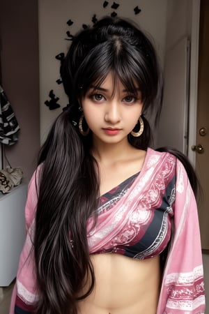 1girl, solo, long hair, black hair, twintails, jewelry, big round earrings, lips, realistic, beautiful mallu girl, outside, beautiful girl walking on the street , twintail hairstyle,18 years old long hair girl, front view, 