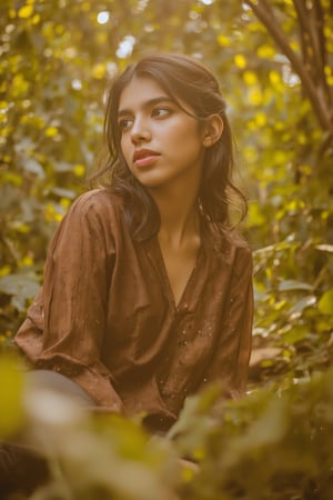 A stunning portrait of Kalyani Priyadarshan, framed by a warm golden light. She sits serenely in a lush greenery-filled setting, her long hair cascading down her back like a gentle waterfall. Her eyes sparkle with quiet confidence as she gazes softly into the distance.,Sahana15 