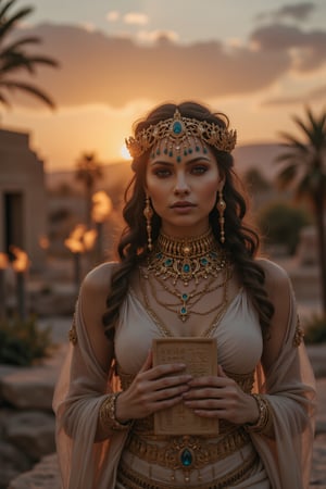 Real photography, cinematic, A beautiful priestess of ancient Mesopotamia looking at the viewer, adorned in a flowing linen gown with intricate gold and lapis lazuli jewelry, stands before ancient mesopotamian buildings at dusk. Her long, dark hair is braided with golden threads, and she holds a clay tablet inscribed with cuneiform symbols.  Torches flicker in the warm desert breeze. The sky glows with the setting sun, casting a deep orange hue over the landscape and illuminating the fertile crescent below. Palm trees sway in the distance
