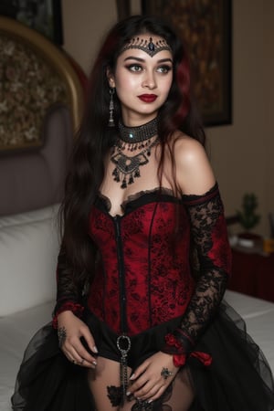 black and white, gothic princess, stunning, adorned in jewels, dark gothic make up, long black hair, tight red bodsuit, , ful body frontal, red hair, vibrant green eyes