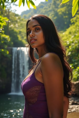 A cinematic shot of a beautiful woman standing near the Athirappilly waterfalls, wearing a modern, elegant bodycon dress. Purple glossy finish fishnet bodycon dress silk material, The scene captures perfect detail in her face, especially her expressive eyes and full lips, with precise, realistic shading on her skin. Sunlight filters through the trees, casting rays around her, while leaves drift gently from above. Emphasize the curves and shape of her body, with a focus on realistic lighting and high detail in her costume texture. Photorealistic, dynamic composition, dramatic sunlight.,long_black_hair  medium_brown_skin  almond_eyes,Bangali girl,XChrisx