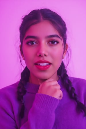 A photorealistic full-body portrait of a stunning 21yo hubggirl with perfect hands. She wears a vibrant purple sweater and double braids adorned with tiny earrings. Her shoulder-length purple hair is styled in intricate braids that cascade down her back. Her eyes are a deep, rich purple, framed by thick eyelashes and subtle makeup. A bold red lip color adds a pop of brightness to the overall gradient background, which transitions seamlessly from pink to purple. The subject's gaze is direct, with a hint of sassiness as she wears a trendy hat and sports a confident smile. Shut up, indeed!,Teenager 