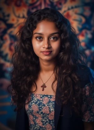 Capture a masterpiece of photography featuring a stunning girl with long, curly black hair (1.1) and intricate details in her school uniform, complete with a miniskirt and random colors. The scene is set in front of a striking fractal pattern (abstract) that creates a sense of depth and dimensionality. Professional HDR lighting (8k UHD RAW photo) casts a cinematic glow, accentuating the subject's features while also capturing the subtle play of iridescent lighting on her skin. Jewelry (1.4) adorns her neck, drawing attention to her radiant smile as she faces the viewer directly. The image is rendered in breathtaking detail, with every curl of hair and fold of fabric meticulously captured. Apply a realistic LUT for a true-to-life representation.,SH,Yakshi28 