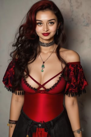 black and white, fairy princess, stunning, adorned in jewels, , long black hair, tight red bodsuit, , full body frontal, red hair, vibrant green eyes, t shape navel, midriff 