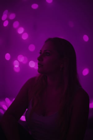 cinematic, A young woman with blonde hair sits in a dimly lit room, illuminated by soft purple and pink lighting. She gazes thoughtfully into the distance, with a bokeh of lights in the background, creating an intimate and contemplative atmosphere., film grain, Short telephoto focal length, shot on ALEXA 65,30yo