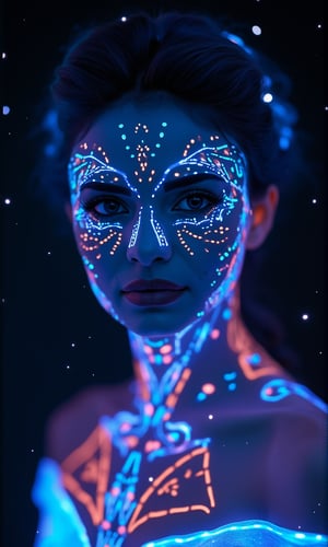 A mystical, close-up photo of an alien woman with a bioluminescent glow. Her midriff is exposed, revealing glowing skin with symmetrical neon lines that trace intricate patterns across her face and body. The skin emits a soft, otherworldly light, giving her a mesmerizing appearance. Her face is adorned with glowing dots, arranged in a symmetrical pattern that highlights her ethereal beauty.

She is wearing a neon saree that also glows with vibrant colors, blending seamlessly with the bioluminescent tones of her skin. Light particles float around her, adding to the mystical aura, while glowing spots and dots on her body create a radiant, enchanting effect. The close-up focus on her face emphasizes her luminous features, with every detail of the glowing patterns and lines captured in stunning detail.
