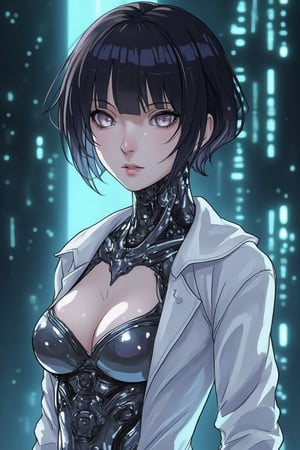 Huyuga hinata, Cyberpunk female android wearing a white shirt, ((The shirt is wet and transparent)),see-through clothes, A cybernetic body can be seen underneath, light reflecting off the mirrored mechanical body, short wavy brown hair, and piercing eyes. Mechanical neck and chest with intricate details. Futuristic background with holographic elements. Anime style, high-contrast lighting, detailed mechanical parts, elegant yet robot-like poses, and a sophisticated and mysterious atmosphere.