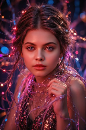 create  a beautiful lady, hayv kahramman style,glowing,bright,luminous skin,glowing brightly,warm light,radiant,soft,glowing skin and vibrant, luminous features,glowing visual effects,glowing particles,neon