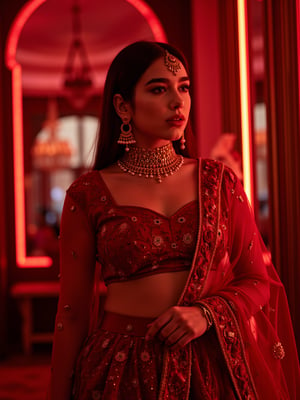 Cool cinematic lighting, matrix movie theam,A stunning Madona Sebastian, dressed in a rich red lehenga with intricate embroidery, paired with heavy gold jewelry She stands against a luxurious Hollywood-style backdrop, with subtle neon accents to emphasize her glamorous attire, DuaLipaFlux