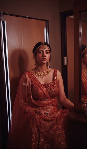 Cool cinematic lighting, matrix movie theam,A stunning Madona Sebastian, dressed in a rich red lehenga with intricate embroidery, paired with heavy gold jewelry She stands against a luxurious Hollywood-style backdrop, with subtle neon accents to emphasize her glamorous attire.,Madona Sebastian 