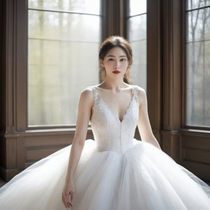 a girl is standing in the middle of the church wearing a white wedding dress,24 years old,(fair skin:1.2),(looking at viewer:1.3),(close-up:1.2),(centered composition:1.3),(symmetry:1.2),(soft lighting:1.2),long hair,light passing through hair,,candlelight,flash,background virtualization,