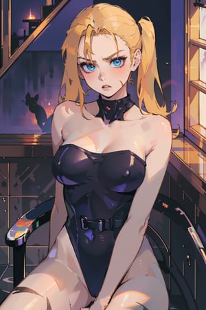 cammy_green_bodysuit_aiwaifu,cammy , solo girl, blue eyes, blonde shiny hair with pigtails, cat hair, (thick body), (big chest), sexy, seductive, angry expression, wearing strapless cow print swimsuit and sitting in a private bathtub with view on sunset, bring red light iluminating her, (((dark shadows)))