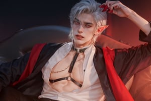 masterpiece, 3d, white haired male, short hair, pale skin, athletic body, red eyes, vampire teeth, golden details, black trousers, moon behind him, red hues in the background, scary yet peacefull artpiece 1:2, a painting of a gorgeous vampire, elf ears, curly hair, black clothes, angry or worried expression, dark muted colours, wearing medieval clothes, wearing royal clothes, symmetrical clothes, revealing his cleavage, showing his vampire teeth