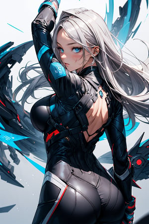 concept design, masterpiece, gorgeous face, gorgeous body, 3d, Enigmatic traveler, deep scars, piercing blue gaze, long silver hair, agile movements, attire of black leather., white background, front and back design, symmetrical clothes