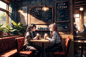 absurdres, highres, ultra detailed,(2girls), BREAK ,(Sit on a chair in a coffee shop and have a drink),cake on the table,(cute coffee shop:1.5),menu on the wall,(prity smail),close the legs 