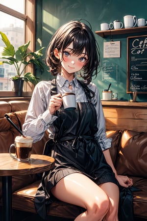 absurdres, highres, ultra detailed,(1girl), BREAK ,(Sit on a chair in a coffee shop and have a drink),cake on the table,(cute coffee shop:1.5),menu on the wall,(prity smail),close the legs 