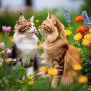 two cats,playing,cat,couple,romance,flowers, maine coon cat, felis catus