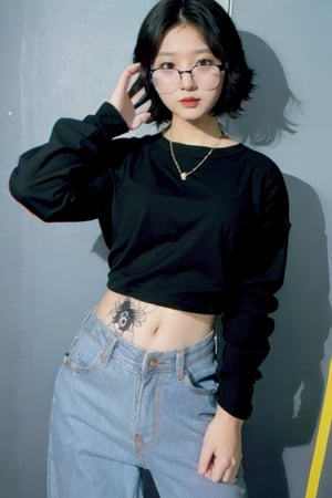 realistic shizuku murasaki, standing, photo realistic, shorthair, black-hair,n0t,shizuku_murasaki denim jeans, cross, glasses, stomach tattoo, n0t face,shizuku_murasaki 