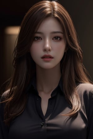 photorealistic, masterpiece, best quality, raw photo, 1girl, medium breasts, long hair, brown hair, collared shirt, looking at viewer, dynamic lighting, in the dark, deep shadow, low key, intricate detail, detailed skin, pore, highres, hdr