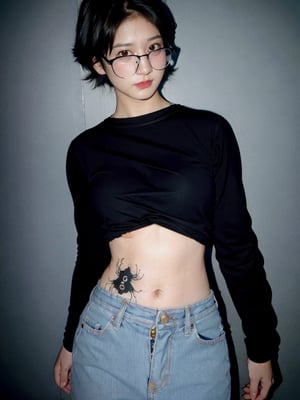 realistic shizuku murasaki, standing, photo realistic, shorthair, black-hair,n0t,shizuku_murasaki denim jeans, cross, glasses, stomach tattoo, n0t face