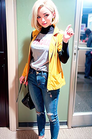 dragon ball (cosplay) android 18, casual, jacket, full_body, lunamoon (style)