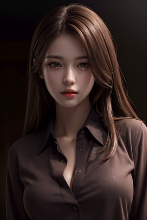 photorealistic, masterpiece, best quality, raw photo, 1girl, medium breasts, long hair, brown hair, collared shirt, looking at viewer, dynamic lighting, in the dark, deep shadow, low key, intricate detail, detailed skin, pore, highres, hdr