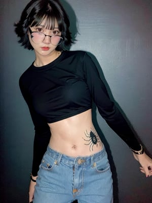 realistic shizuku murasaki, standing, photo realistic, shorthair, black-hair,rounded bob hair,n0t,shizuku_murasaki denim jeans, cross, glasses, stomach tattoo, n0t face, room background 