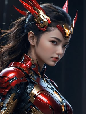 Best Image Quality, Super High Resolution, Masterpiece, Photorealistic, Full Body, 18 years old, 1 girl, Solo, Girl in Garuda and ironman hybrid costume very nice detail, (Garuda symbol chest), It has red and gold colors,ironman, Bust enormous, Incredible detail, intricate complexity, depth of field, volumetric lighting, sharp focus, absurdity, realistic proportions, delicate anatomy, high detail, delicate, Stunning detail, fine detail, cinematic lighting, smooth and beautiful, face facing forward,mecha,cyborg, ,cyberpunk style,cyborg style,android,robot,cyberpunk, illustration,vector art,Leonardo Style