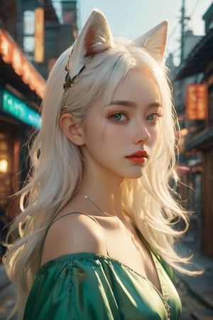 Solo, anime girl, full body, young adult body, medium chest, european face,
Detailed medium straight white hair, white fox ears, beautiful, Detailed eyes, green eyes, Side view, torso shot from waist, Thick lineart, Anxious, Hyperdetailed natural light, detailed reflection light, 
volumetric lighting maximalist photo illustration 64k, resolution high res intricately detailed complex, 
key visual, precise lineart, vibrant, panoramic, cinematic, masterfully crafted, 64k resolution, beautiful, stunning, ultra detailed, expressive, hypermaximalist, colorful, rich deep color, vintage show promotional poster, glamour, anime art, fantasy art, brush strokes,, 16k, UHD, HDR,(Masterpiece:1.5), Absurdres, (best quality:1.5), Anime style photo, Manga style, Digital art, glow effects, Hand drawn, render,octane render, cinema 4d, blender, dark, atmospheric 4k ultra detailed, cinematic sensual, Sharp focus, hyperrealistic, big depth of field, Masterpiece, colors, 3d octane render, concept art, trending on artstation, hyperrealistic, Vivid colors, modelshoot style, (extremely detailed CG unity 8k wallpaper), professional majestic oil painting by Ed Blinkey, Atey Ghailan, Studio Ghibli, by Jeremy Mann, Greg Manchess, Antonio Moro, trending on ArtStation, trending on CGSociety, Intricate, High Detail, Sharp focus, dramatic, photorealistic painting art