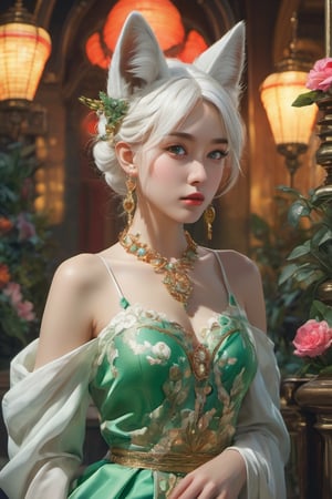 Solo, anime girl, full body, young adult body, medium chest, european face,
Detailed medium straight white hair, white fox ears, beautiful, Detailed eyes, green eyes, Side view, torso shot from waist, Thick lineart, Anxious, Hyperdetailed natural light, detailed reflection light, 
volumetric lighting maximalist illustration 64k, resolution high res intricately detailed complex, 
key visual, precise lineart, vibrant, panoramic, cinematic, masterfully crafted, 64k resolution, beautiful, stunning, ultra detailed, expressive, hypermaximalist, colorful, rich deep color, vintage show promotional poster, glamour, anime art, fantasy art, brush strokes,, 16k, UHD, HDR,(Masterpiece:1.5), Absurdres, (best quality:1.5), art, glow effects, Hand drawn, render,octane render, cinema 4d, blender, dark, atmospheric 4k ultra detailed, cinematic sensual, Sharp focus, big depth of field, Masterpiece, colors, concept art, trending on artstation, hyperrealistic, Vivid colors, modelshoot style, (extremely detailed CG unity 8k wallpaper), professional majestic oil painting by Ed Blinkey, Atey Ghailan, Studio Ghibli, by Jeremy Mann, Greg Manchess, Antonio Moro, trending on ArtStation, trending on CGSociety, Intricate, High Detail, Sharp focus, dramatic, painting art