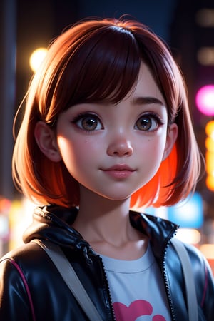 a potrait of anna cathcart,masterpiece, best quality, half body, portrait, night city, 1girl, anime, 3D, Japan, pixar, realistic, teen girl, smiling, cute face, harajuku fashion style, rain coat, beautiful, colourful, neon lights, cyberpunk, smooth skin, illustration, artstation, painting by stanley artgerm lau, sideways glance, foreshortening, extremely detailed 8K, smooth, high resolution, ultra quality, highly detail eyes, highly detail mouth, highly detailed face, perfect eyes, both eyes are the same, true light, glare, Iridescent, Global illumination, real hair movement, real light, real shadow, real face, hd, 2k, 4k, 8k, 16k, realistic light, realistic shadow, bright Eyes, fluorescent eyes, soft light, dream light, pixar style