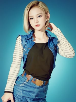 realistic Android_18_DB, standing, photo realistic, shorthair, blond_hair,n0t