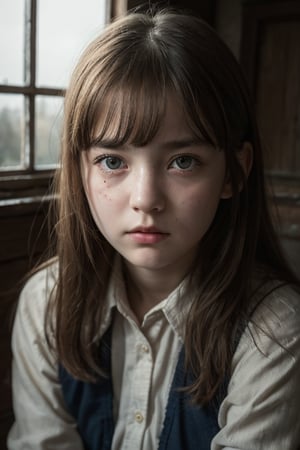 A portrait of a young rusian schoolgirl, (detailed face, sad face, detailed eyes),sitting in abandoned house,bleeding,burning house, tree line,view form above:1.9,8k uhd,realistic,photorealistic, highly detailed,high_resolution, cinematic lighting, detailed background,extremely realistic, photo realistic , vintage photo