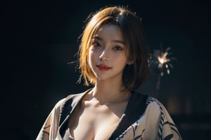 Hyperrealist portrait of female, photo realistic, bleeding lips, dynamic lighting, blonde hair, artstation, poster, volumetric lighting, detailed face, 4 k, award winning, in the dark, deep shadow, low key,cowboy shot, kimono, medium breast, upper body, sultry_pose, firework background, better lighting, seductive_pose, smile,