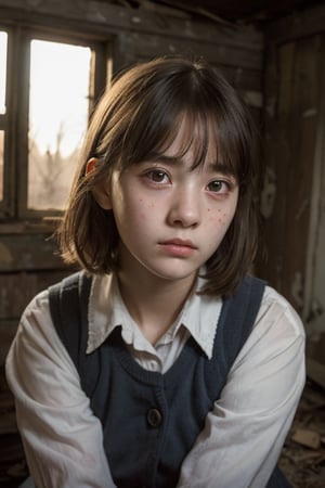 A portrait of a young schoolgirl, (detailed face, sad face, detailed eyes),sitting in abandoned house,bleeding,burning house, tree line,view form above:1.9,8k uhd,realistic,photorealistic, highly detailed,high_resolution, cinematic lighting, detailed background,extremely realistic, photo realistic , vintage photo