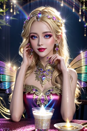 masterpiece, best quality, (finely detailed beautiful eyes and detailed beautiful face), perfect (skinny:1.3) bimbo body, straight blonde (hair), lipstick, make-up, accessories, glow dust, rainbow glow fairy wings, Celtic folklore, mischievous Pixie, red silk, long dress, high slit, relaxing on the table, midnight, nighttime, cinematic lighting, glitter, Detailedface,glitter,shiny