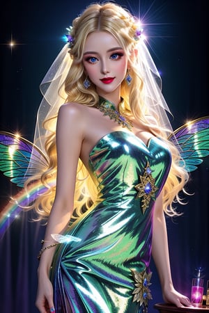 masterpiece, best quality, (finely detailed beautiful eyes and detailed beautiful face), perfect (skinny:1.3) bimbo body, straight blonde (hair), lipstick, make-up, accessories, glow dust, rainbow glow fairy wings, Celtic folklore, mischievous Pixie, silk, long dress, high slit, seductive pose, midnight, nighttime, cinematic lighting, glitter, Detailedface, shiny